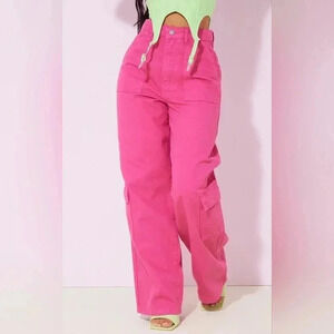 Petite Hot Pink Cargo Pocket Baggy Wide Leg Jeans